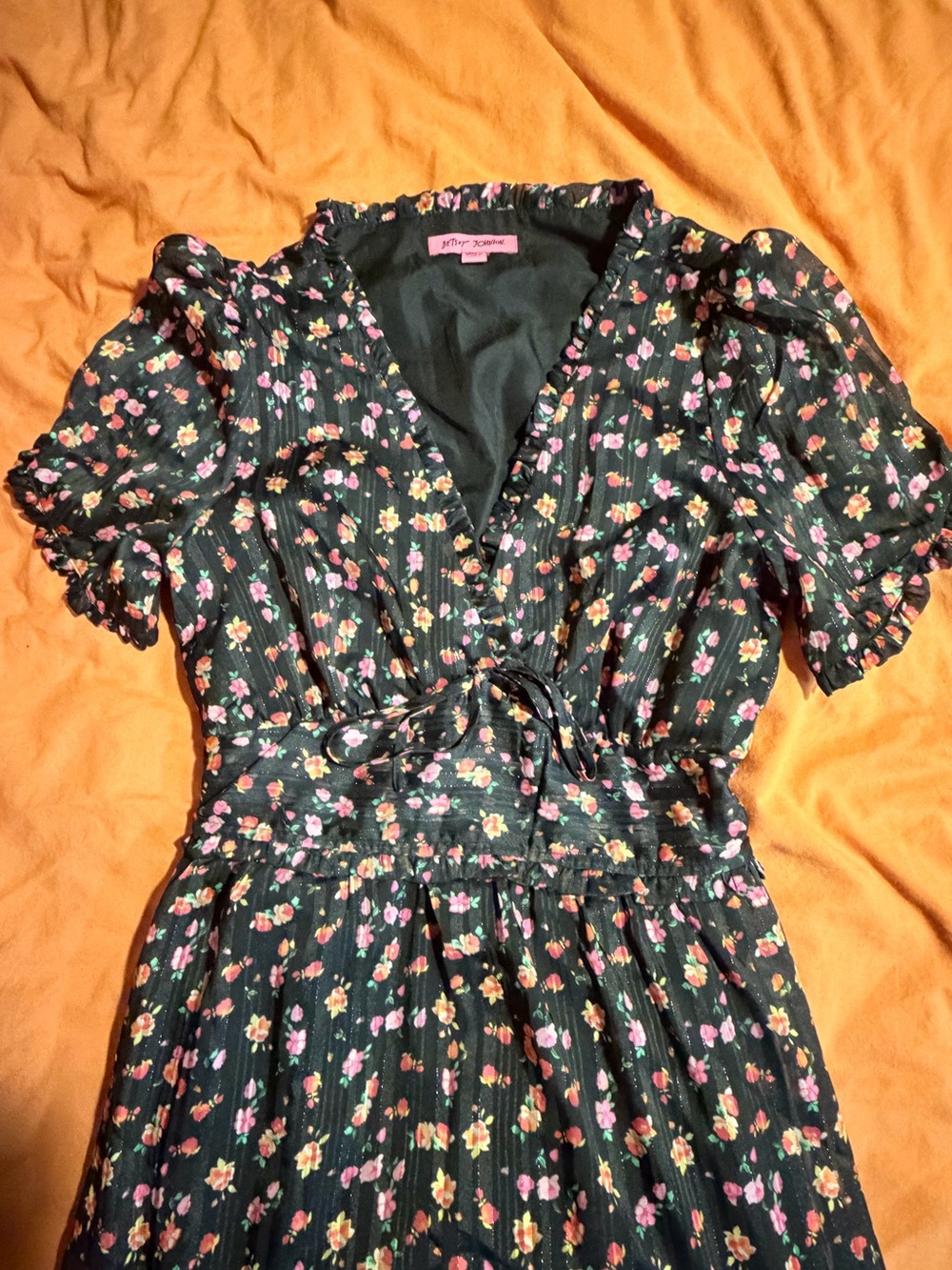 Betsey Johnson Black Floral Puff Sleeve Midi Dress Size 6 Cottagecore - Picture 4 of 6